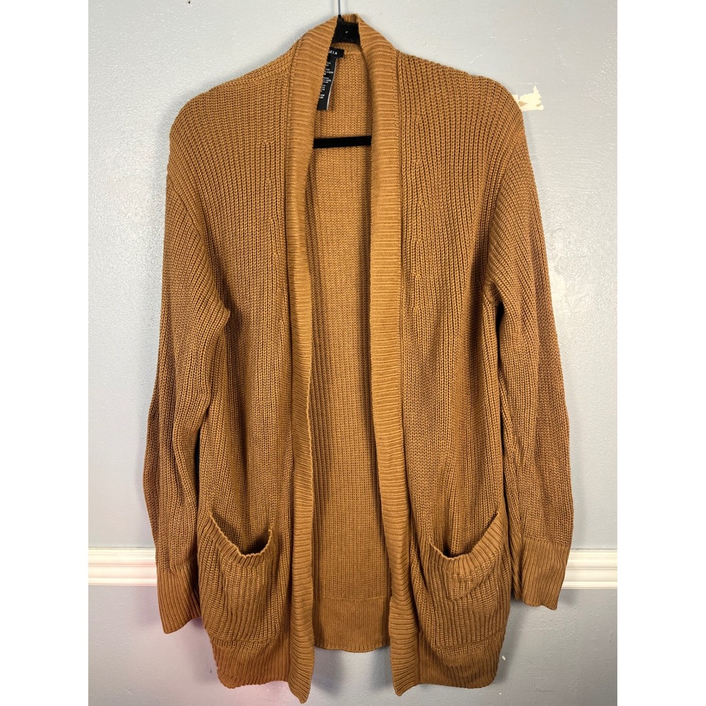 MAX & MIA Cardigan Shaker Knit Open Front lady M Brown Cotton Minimalist Sweater